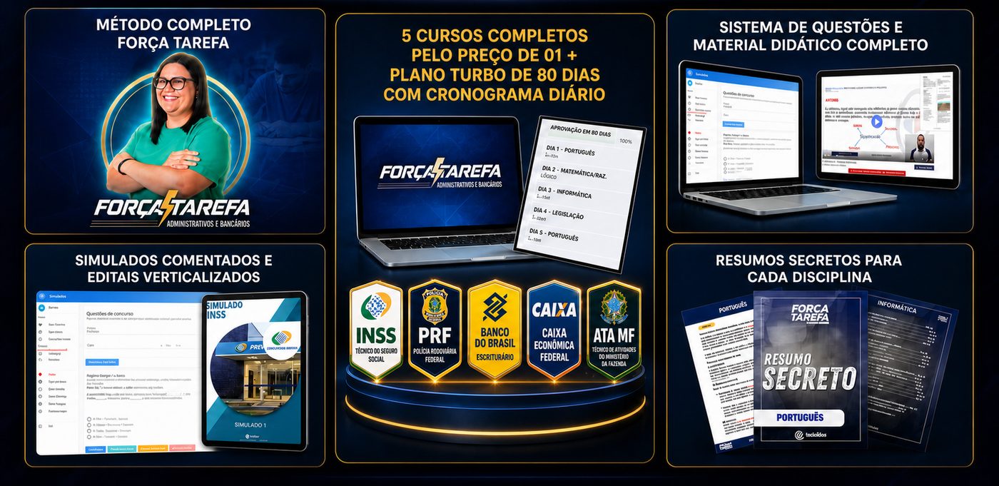 Dentro da Turma Força Tarefa: método completo, 5 cursos, plano de 80 dias, sistema de questões, simulados e resumos secretos